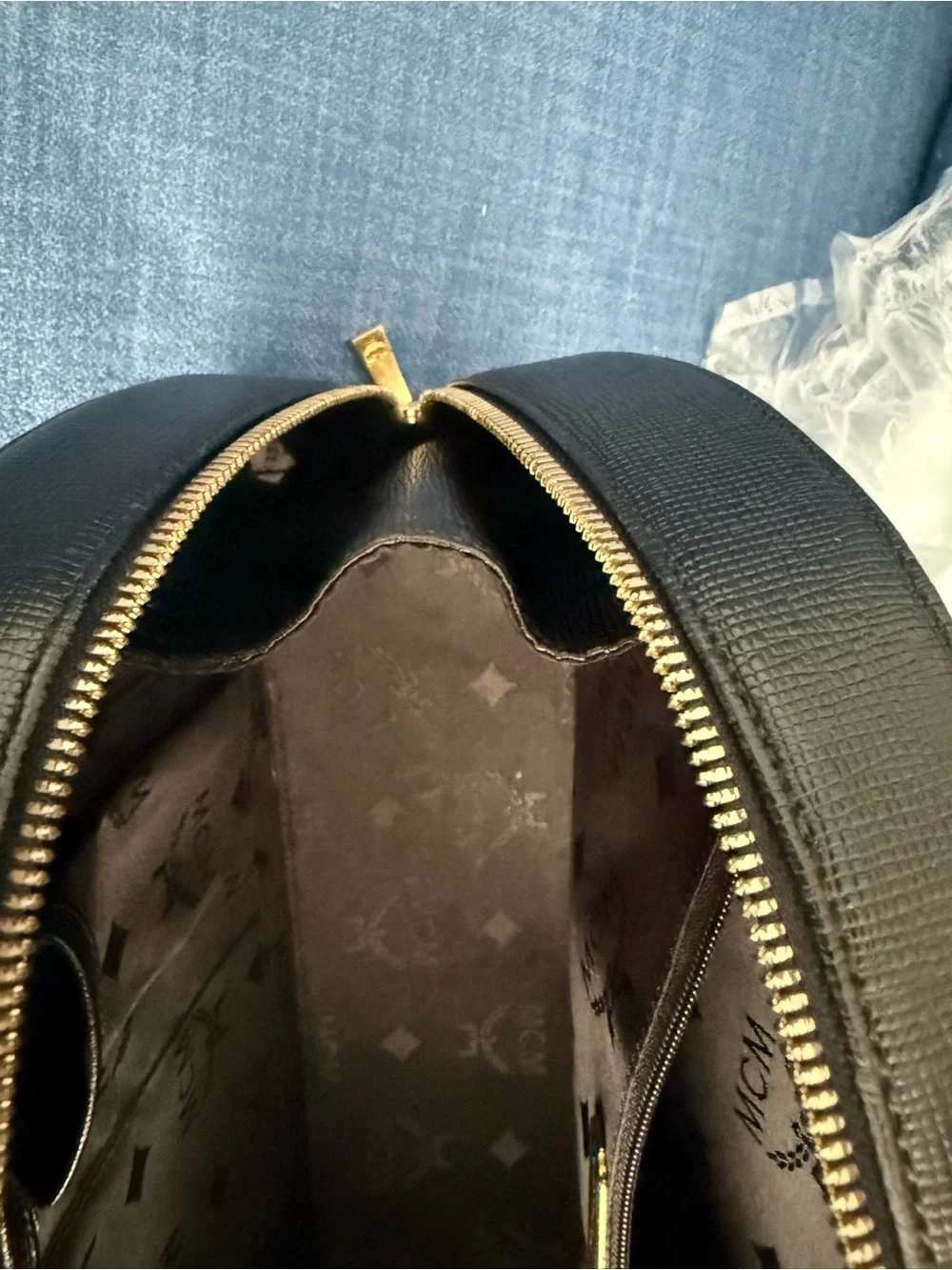 MCM Black Textured Leather Dome Satchel with Gold Accents